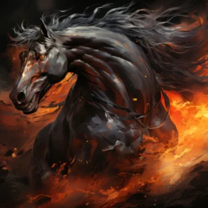 Cheval Noir Mystique dans Tempête de Feu Orange