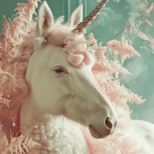 Papier Peint Licorne Romantique aux Fougères Roses et Dorées