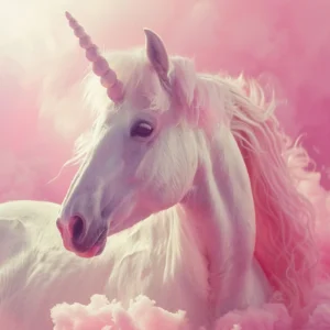 Papier Peint Licorne Féerique sur Nuages Roses Pastel