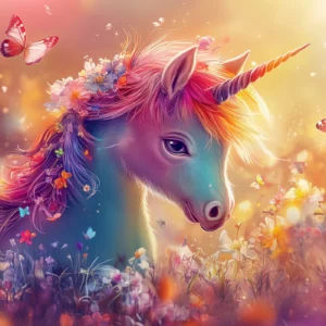 Papier peint licorne arc-en-ciel avec papillons et fleurs magiques