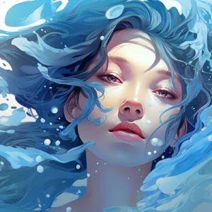 Papier peint artistique femme et vagues d'eau bleue stylisées