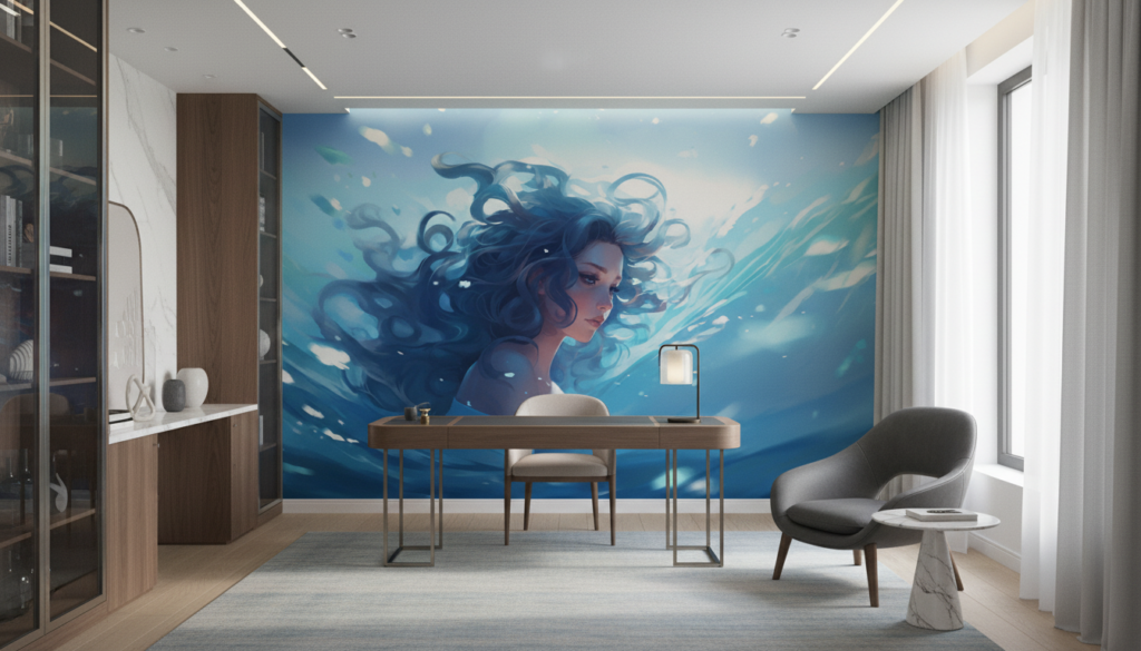 Femme sous-marine dans un tourbillon aquatique lumineux et mystérieux - Bureau