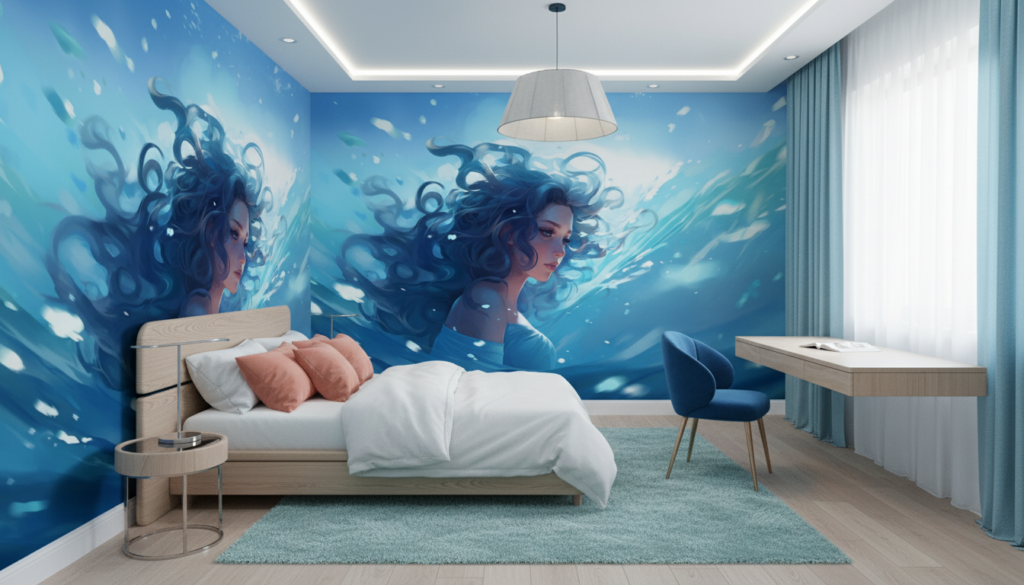 Femme sous-marine dans un tourbillon aquatique lumineux et mystérieux - Chambre ado
