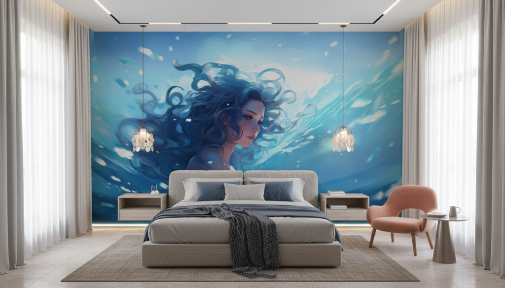Femme sous-marine dans un tourbillon aquatique lumineux et mystérieux - Chambre adulte