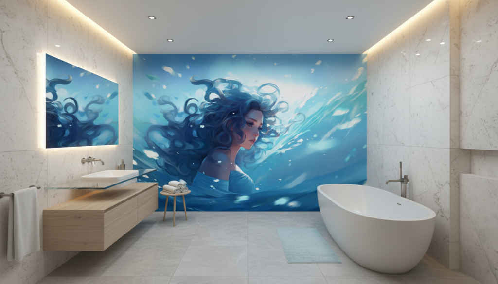 Femme sous-marine dans un tourbillon aquatique lumineux et mystérieux - Salle de bain