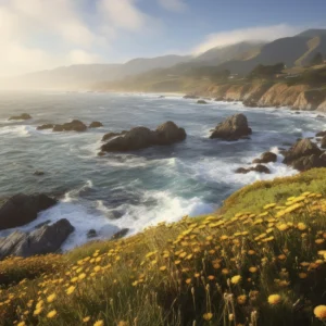 Papier peint côte sauvage avec falaises dorées et fleurs jaunes