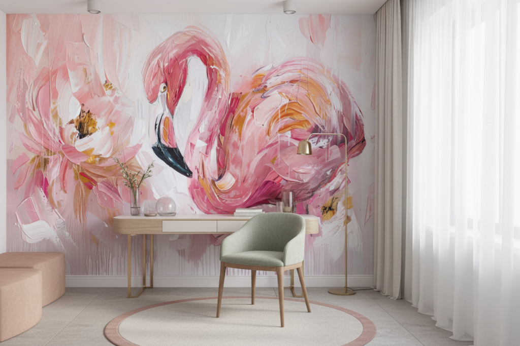 Flamant Rose Artistique aux Nuances Roses et Dorées - Bureau