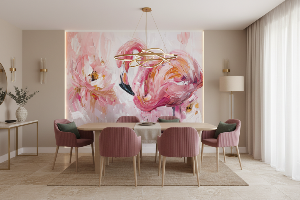 Flamant Rose Artistique aux Nuances Roses et Dorées - Salle à manger