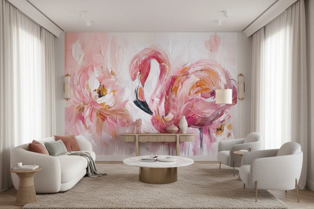 Flamant Rose Artistique aux Nuances Roses et Dorées - Salon / Séjour