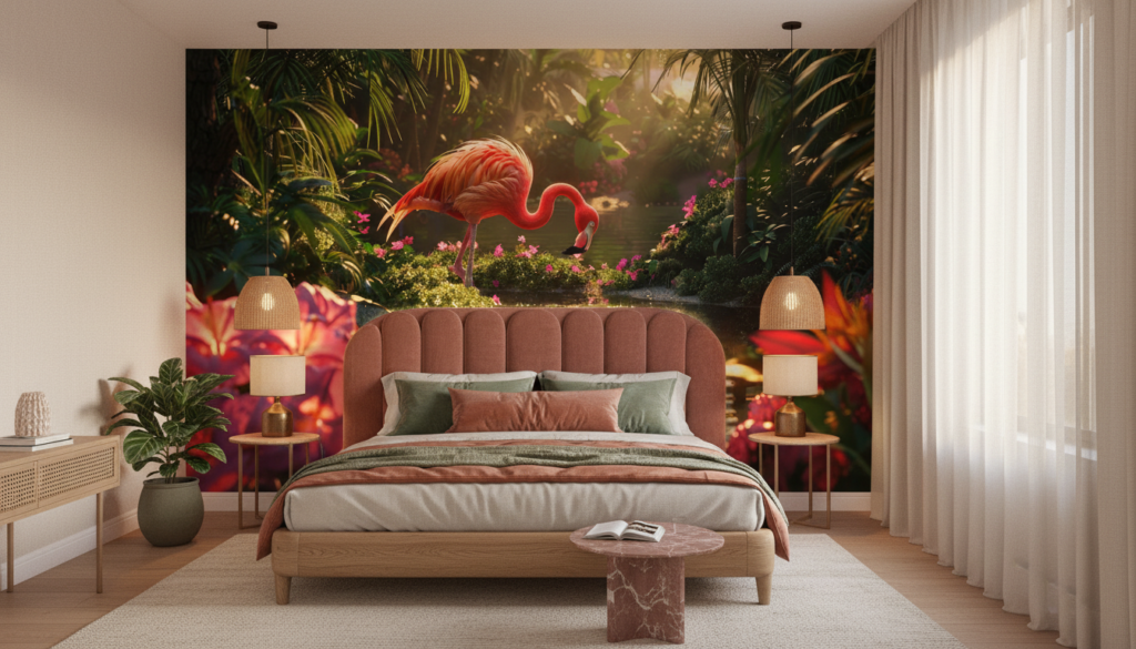 Flamant Rose Tropical dans Jardin Luxuriant avec Fleurs Exotiques - Chambre adulte