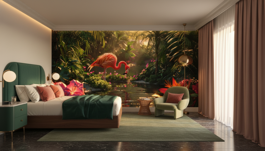 Flamant Rose Tropical dans Jardin Luxuriant avec Fleurs Exotiques - Hôtel
