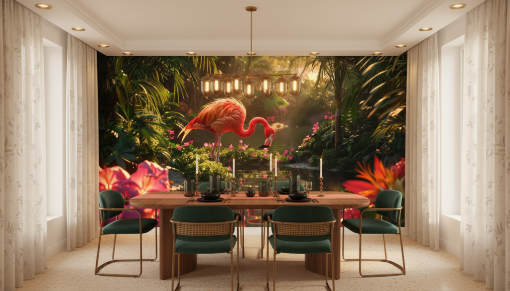 Flamant Rose Tropical dans Jardin Luxuriant avec Fleurs Exotiques - Salle à manger