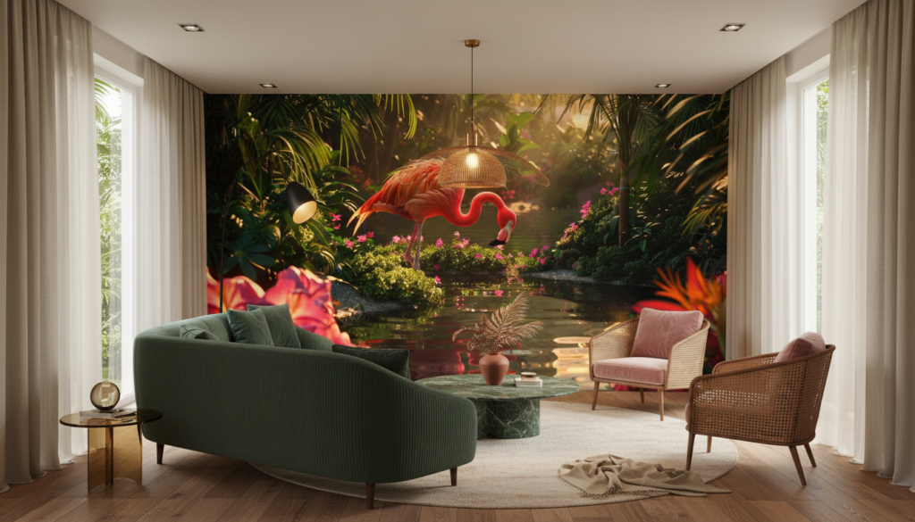 Flamant Rose Tropical dans Jardin Luxuriant avec Fleurs Exotiques - Salon / Séjour