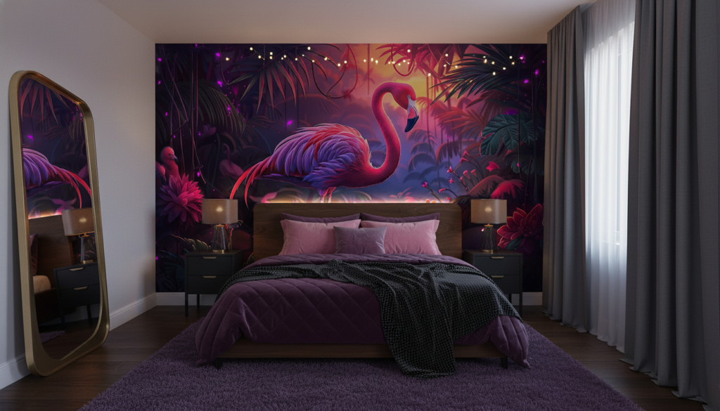 Flamant Rose Tropical Dans Jungle Mystérieuse Aux Reflets Violets - Chambre ado