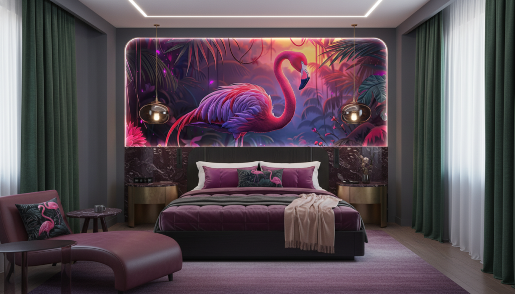 Flamant Rose Tropical Dans Jungle Mystérieuse Aux Reflets Violets - Hôtel