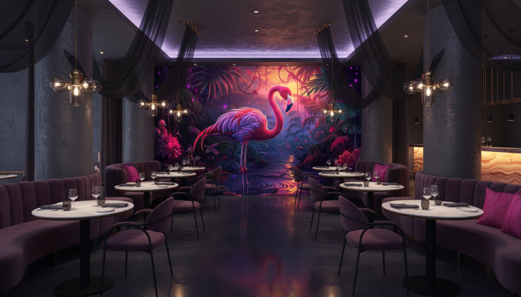 Flamant Rose Tropical Dans Jungle Mystérieuse Aux Reflets Violets - Restaurant