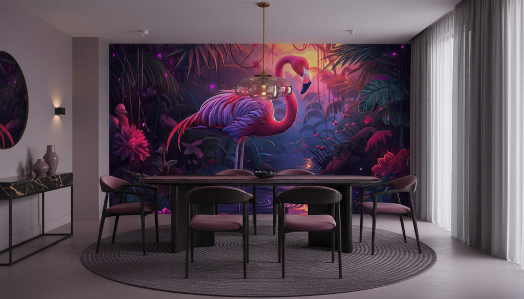 Flamant Rose Tropical Dans Jungle Mystérieuse Aux Reflets Violets - Salle à manger