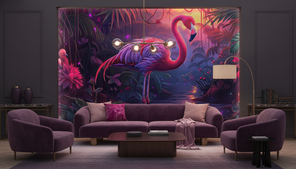 Flamant Rose Tropical Dans Jungle Mystérieuse Aux Reflets Violets - Salon / Séjour