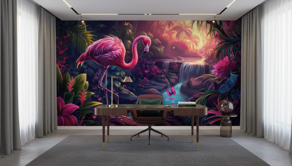 Flamant Rose Tropical Paradis Jungle Cascade Coucher de Soleil - Bureau