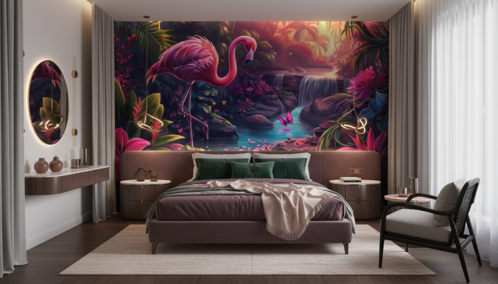 Flamant Rose Tropical Paradis Jungle Cascade Coucher de Soleil - Chambre adulte
