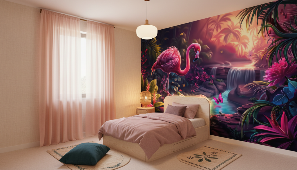 Flamant Rose Tropical Paradis Jungle Cascade Coucher de Soleil - Chambre enfant