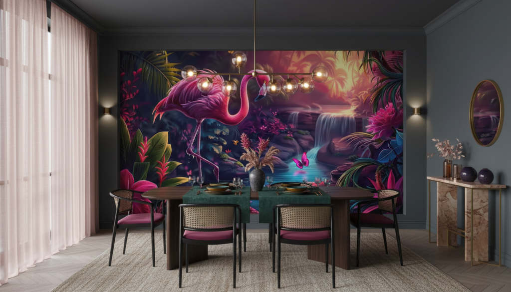 Flamant Rose Tropical Paradis Jungle Cascade Coucher de Soleil - Salle à manger