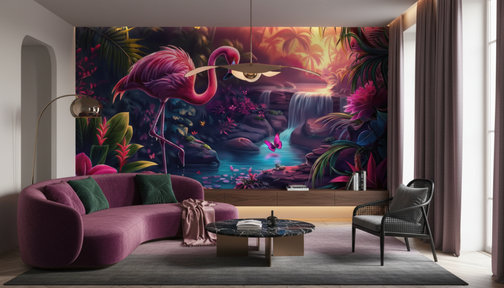 Flamant Rose Tropical Paradis Jungle Cascade Coucher de Soleil - Salon / Séjour