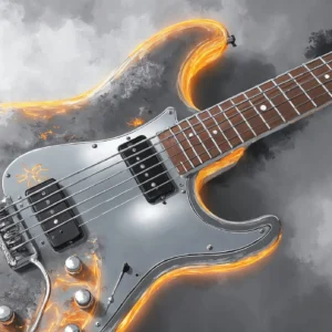 Guitare électrique en flammes sur fond de nuages dramatiques