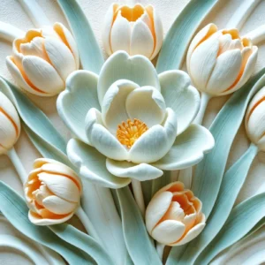 Papier Peint Relief Floral Tulipes et Lotus Blanc Orange