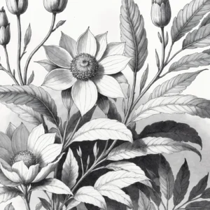 Papier peint botanique fleurs et feuillages vintage noir et blanc