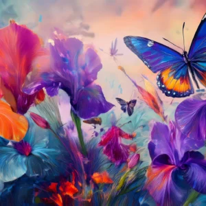 Papier peint artistique jardin d'iris colorés avec papillons vibrants