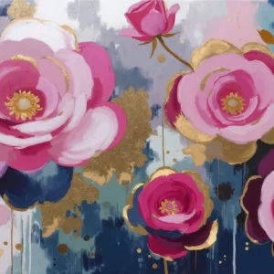 Papier peint floral abstrait pivoines roses et dorées sur fond bleu marine