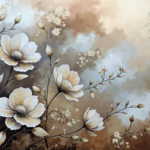 Papier Peint Floral Élégant Magnolias Blancs Fond Nuageux Beige