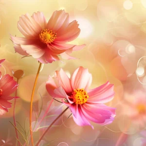 Papier peint fleurs cosmos roses délicates sur fond lumineux doré