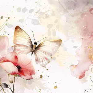 Papier peint aquarelle papillons et fleurs romantiques rose poudré