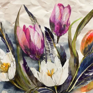 Papier Peint Aquarelle Fleurs Exotiques et Plumes Colorées