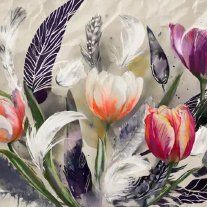 Papier Peint Tulipes Aquarelle et Plumes Bohème Chic