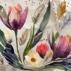 Papier peint aquarelle fleurs et plumes aux tons pastel bohème