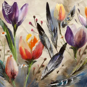 Papier Peint Floral Aquarelle aux Tulipes et Plumes Colorées
