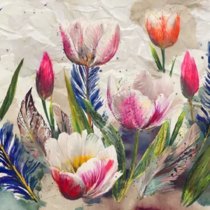 Papier peint aquarelle tulipes et plumes bleues fond beige