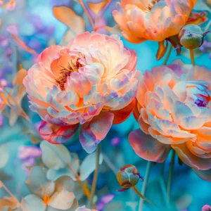 Papier peint floral aux pivoines multicolores effet infrarouge artistique