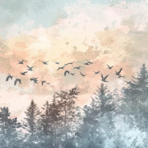 Papier peint oiseaux migrateurs forêt brumeuse coucher soleil