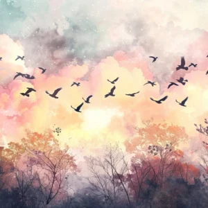 Papier peint forêt automnale avec vol d'oiseaux au coucher du soleil