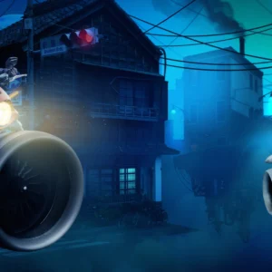 Papier Peint Futuriste Course Motos Cyberpunk Atmosphère Bleue Urbaine