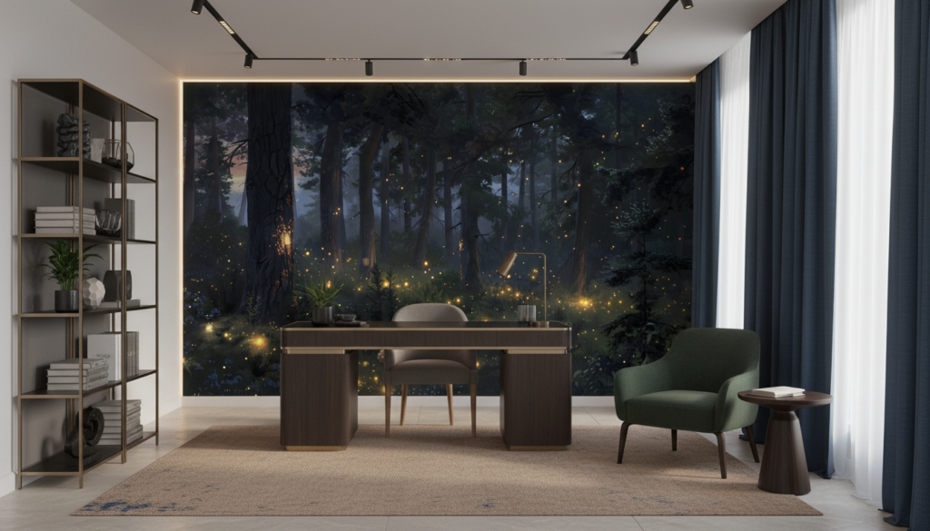 Forêt Enchantée aux Lucioles Dorées et Atmosphère Mystique Nocturne - Bureau