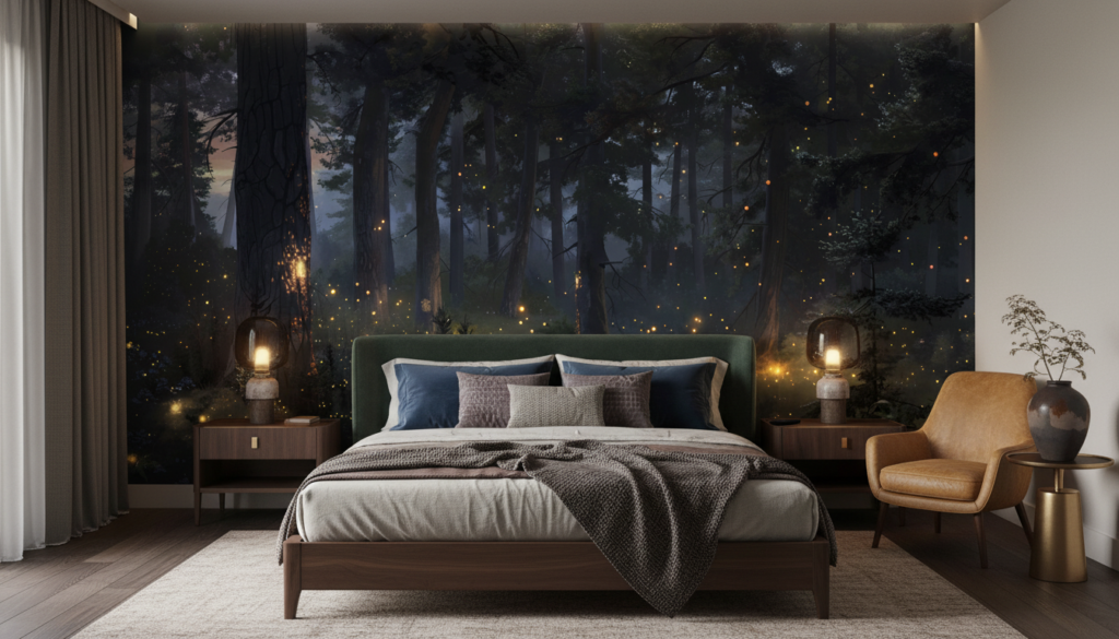 Forêt Enchantée aux Lucioles Dorées et Atmosphère Mystique Nocturne - Chambre adulte