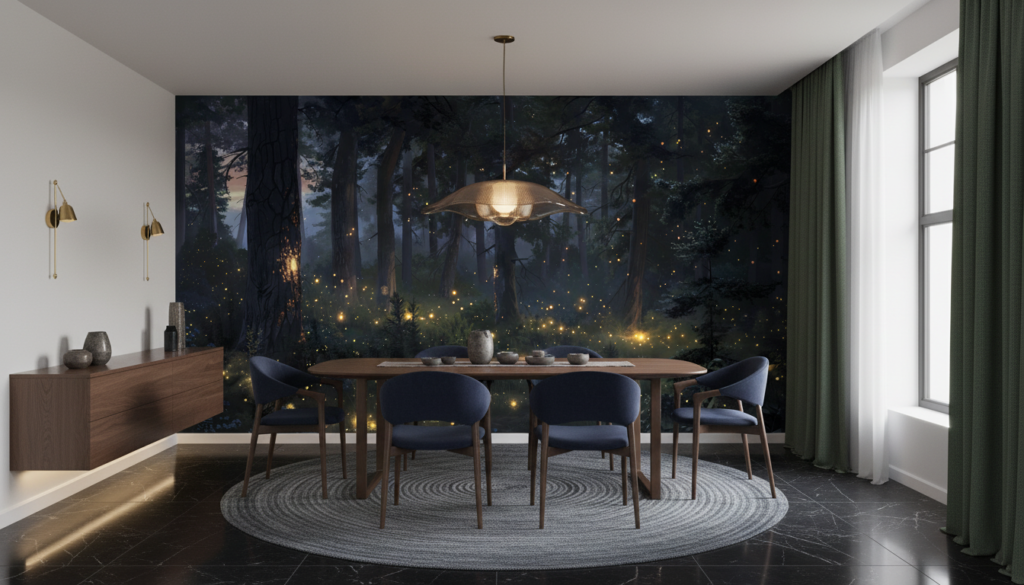 Forêt Enchantée aux Lucioles Dorées et Atmosphère Mystique Nocturne - Salle à manger