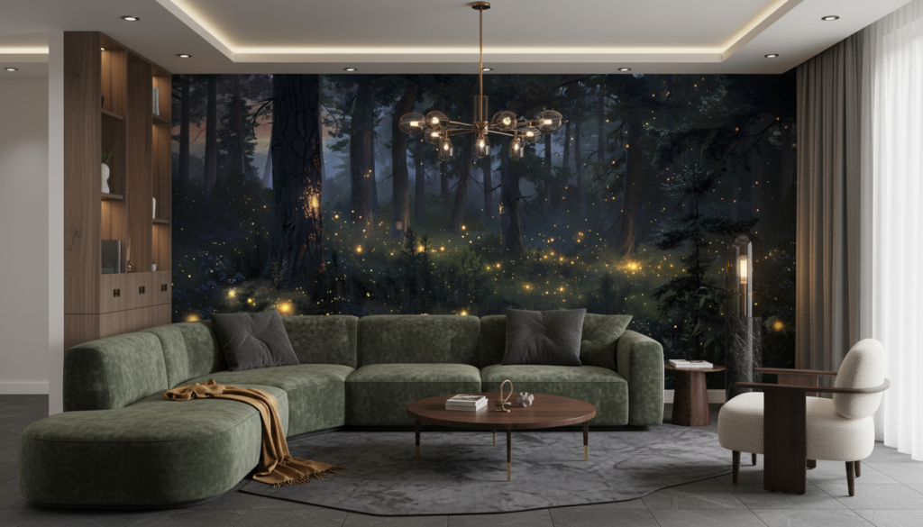 Forêt Enchantée aux Lucioles Dorées et Atmosphère Mystique Nocturne - Salon / Séjour