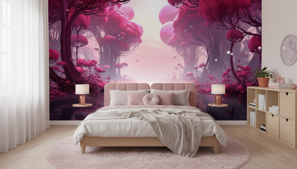 Forêt Enchantée Rose avec Rivière et Lumière Mystique - Chambre ado