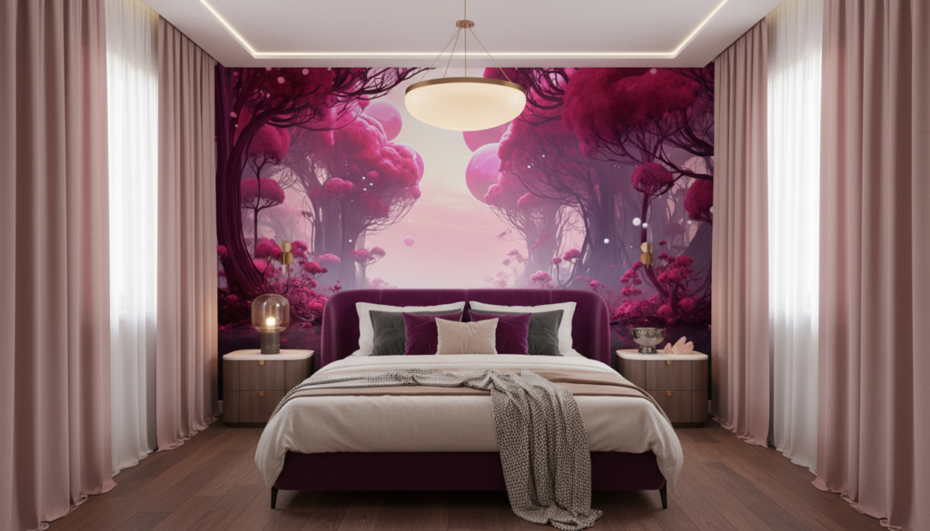 Forêt Enchantée Rose avec Rivière et Lumière Mystique - Chambre adulte